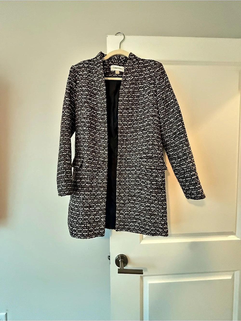 Calvin Klein Tweed Open Front Blazer Coat Brown & White Size 6